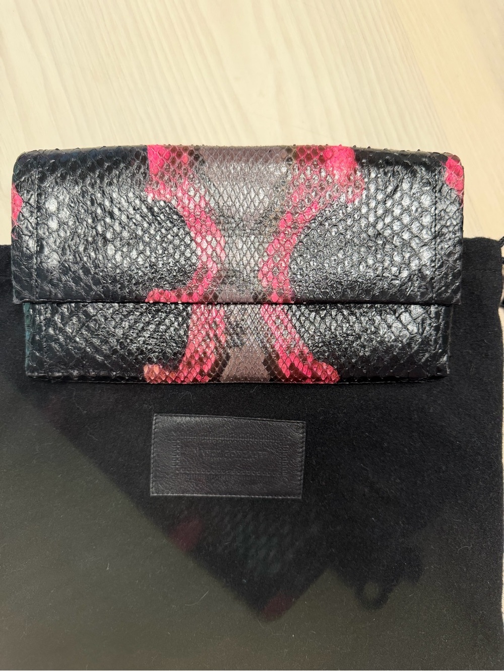 Nancy Gonzalez Black Clutch with Pink Python Accents